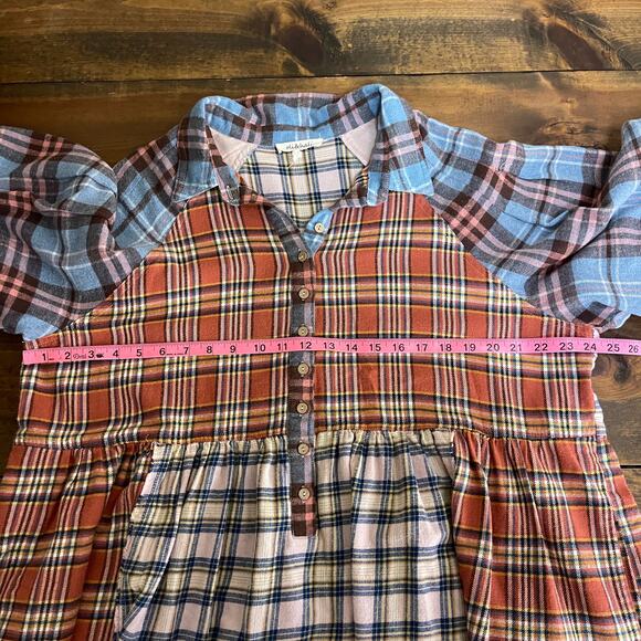 Oli & Hali Mixed Plaid Patchwork Flannel Tunic Henley Top Women's Large Boho - Picture 9 of 9